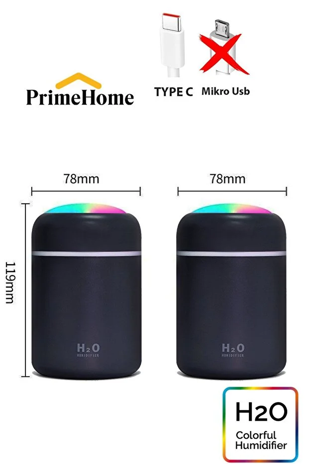 H2o 300 ml Type C Girişli Hava Nemlendirici Ve Aroma Difüzörü Antrasit